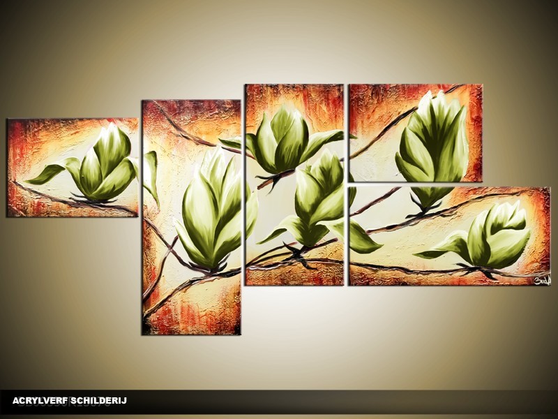 Acryl Schilderij Magnolia | Groen, Bruin, Crème | 160x70cm 5Luik Handgeschilderd