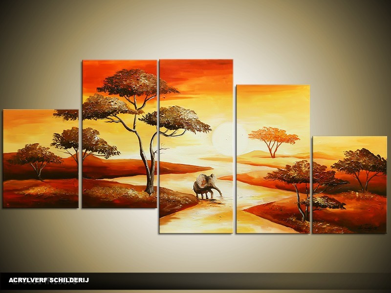 Acryl Schilderij Natuur | Oranje, Rood, Geel | 150x70cm 5Luik Handgeschilderd