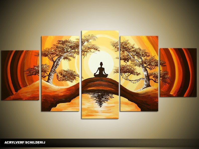 Acryl Schilderij Yoga | Geel, Bruin | 150x70cm 5Luik Handgeschilderd