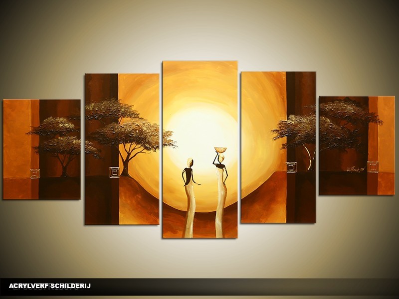 Acryl Schilderij Afrika | Bruin, Geel | 150x70cm 5Luik Handgeschilderd