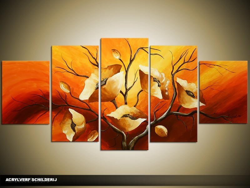 Acryl Schilderij Klaproos | Oranje, Bruin, Geel | 150x70cm 5Luik Handgeschilderd