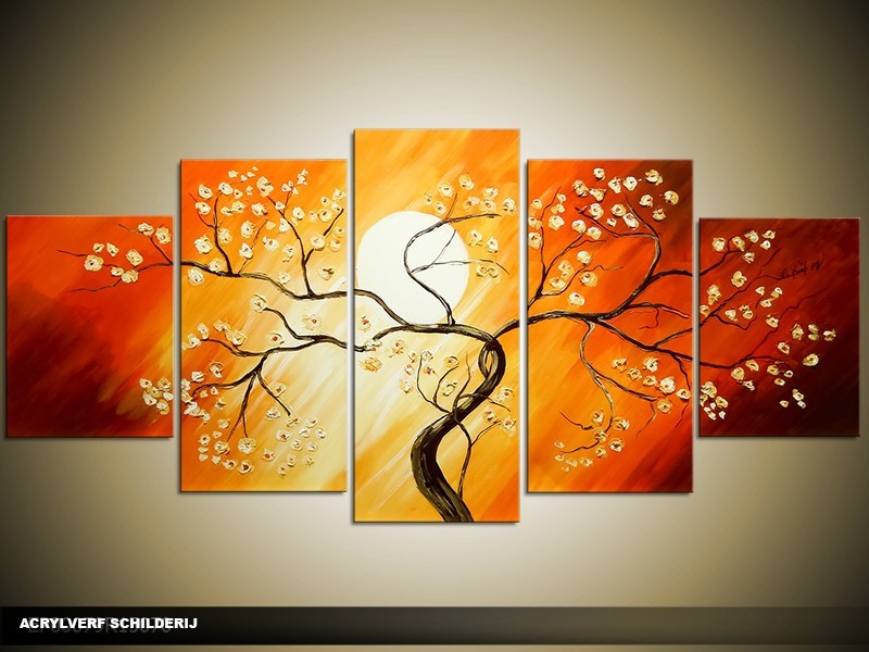 Acryl Schilderij Natuur | Oranje, Geel | 150x70cm 5Luik Handgeschilderd
