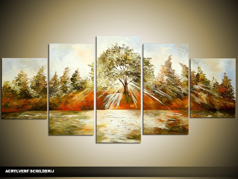 Acryl Schilderij Natuur | Groen, Crème | 150x70cm 5Luik Handgeschilderd