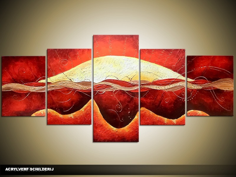 Acryl Schilderij Modern | Rood, Crème | 150x70cm 5Luik Handgeschilderd
