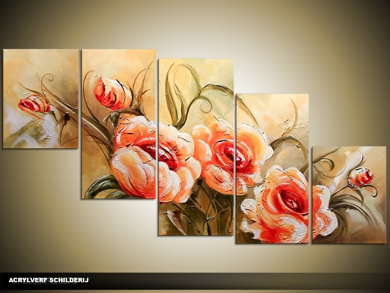 Acryl Schilderij Roos | Crème, Oranje | 150x70cm 5Luik Handgeschilderd