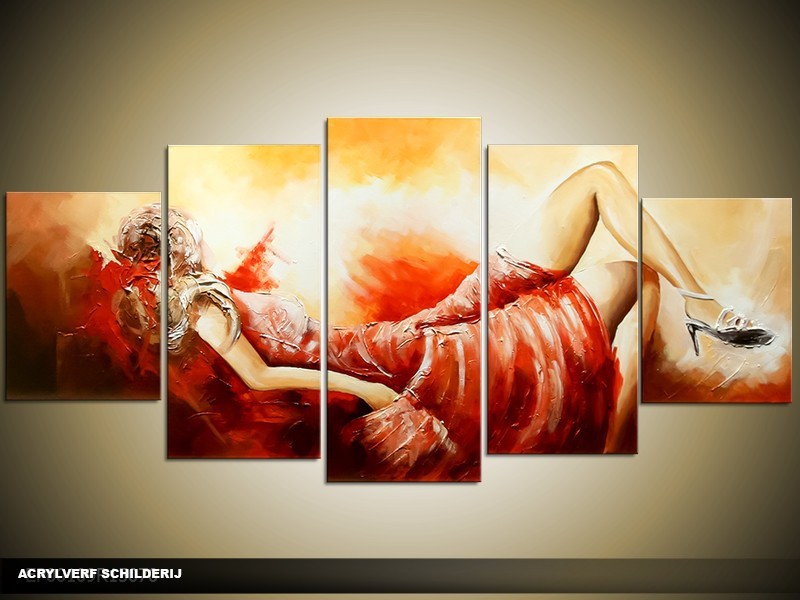 Acryl Schilderij Sexy | Rood, Crème | 150x70cm 5Luik Handgeschilderd