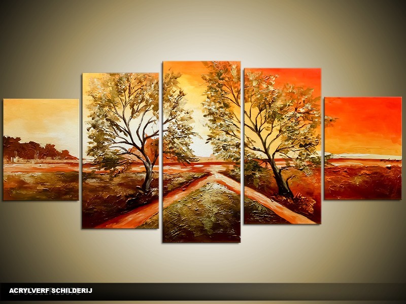 Acryl Schilderij Natuur | Bruin, Rood | 150x70cm 5Luik Handgeschilderd