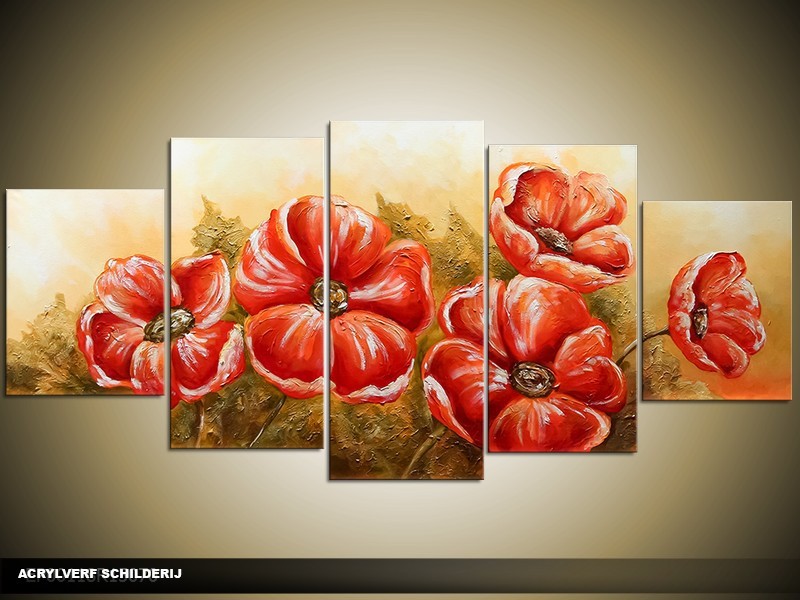 Acryl Schilderij Klaproos | Groen, Rood | 150x70cm 5Luik Handgeschilderd