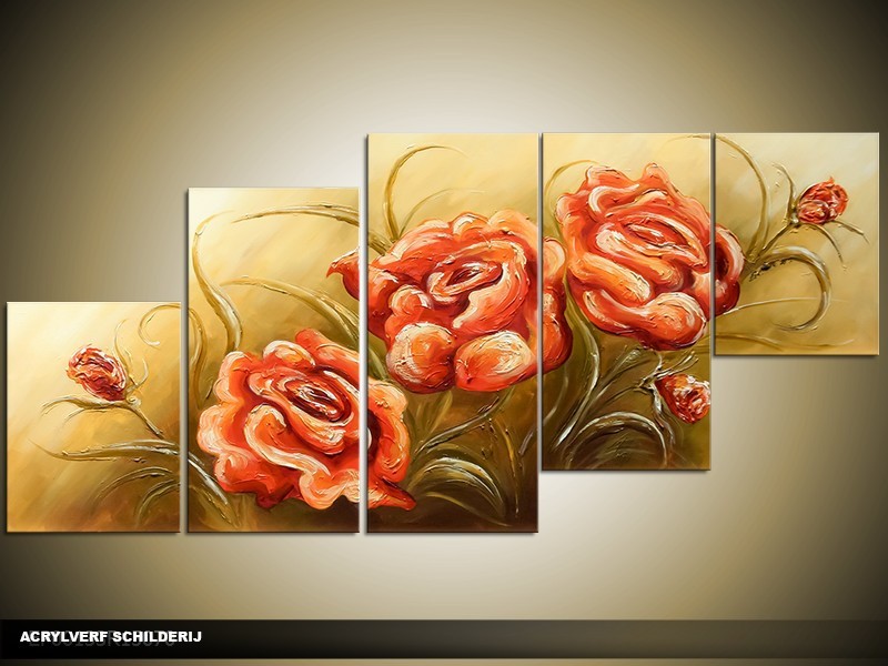 Acryl Schilderij Roos | Groen, Oranje | 150x70cm 5Luik Handgeschilderd