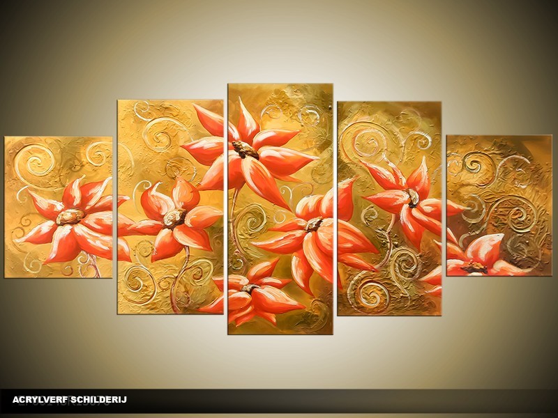 Acryl Schilderij Natuur | Oranje | 150x70cm 5Luik Handgeschilderd