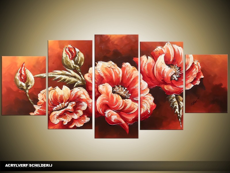 Acryl Schilderij Klaproos | Roze | 150x70cm 5Luik Handgeschilderd
