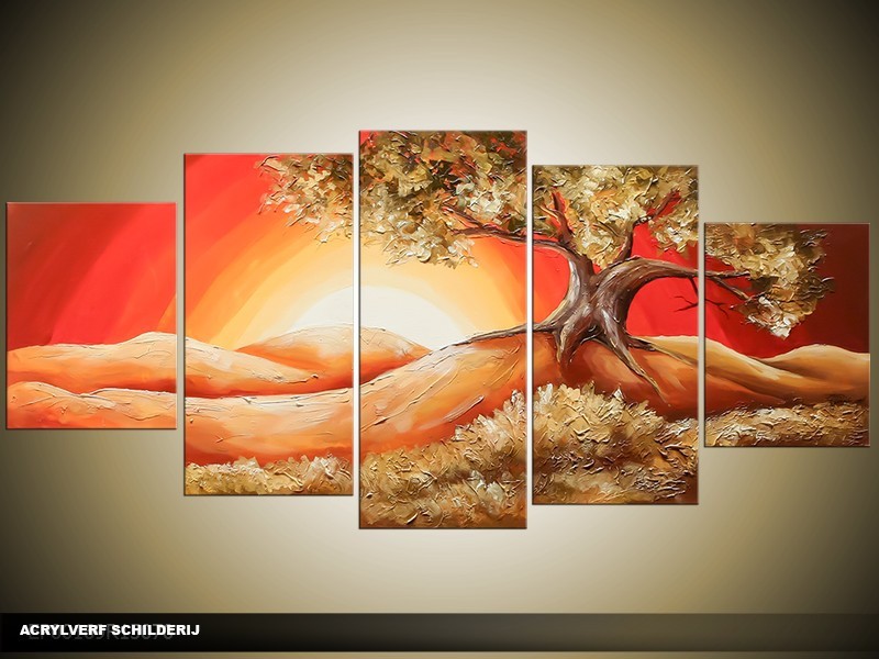 Acryl Schilderij Natuur | Rood, Bruin | 150x70cm 5Luik Handgeschilderd