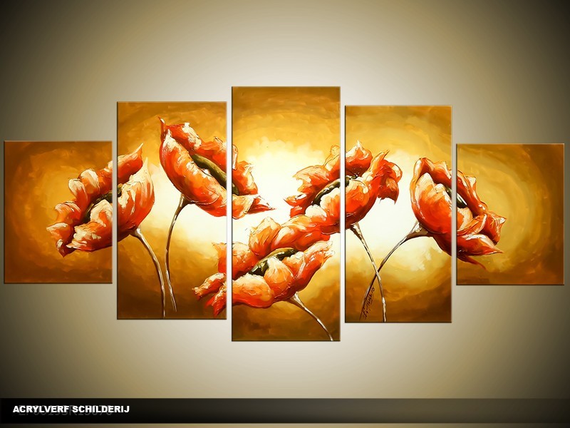 Acryl Schilderij Klaproos | Oranje, Bruin | 150x70cm 5Luik Handgeschilderd
