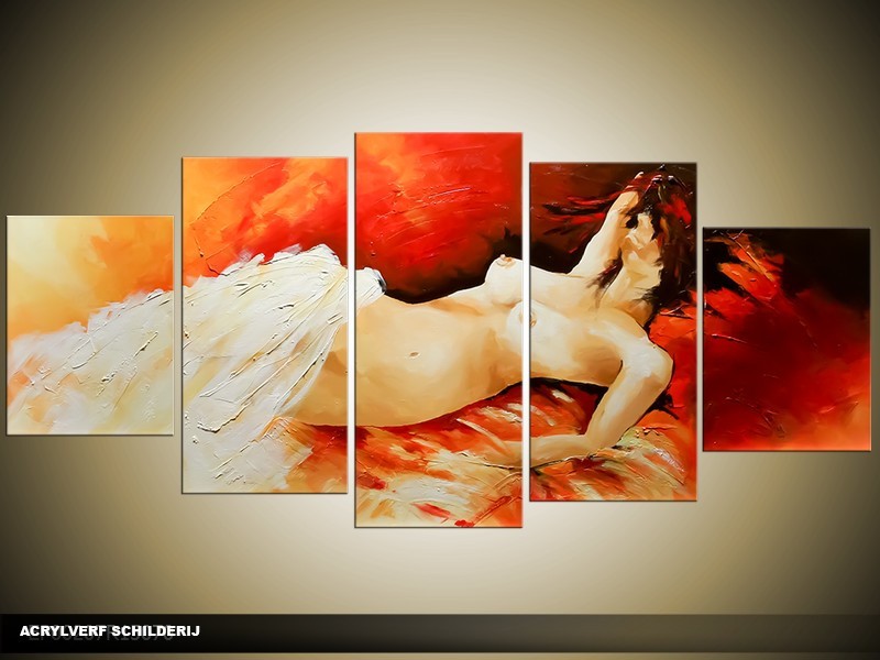 Acryl Schilderij Sexy | Rood, Crème | 150x70cm 5Luik Handgeschilderd