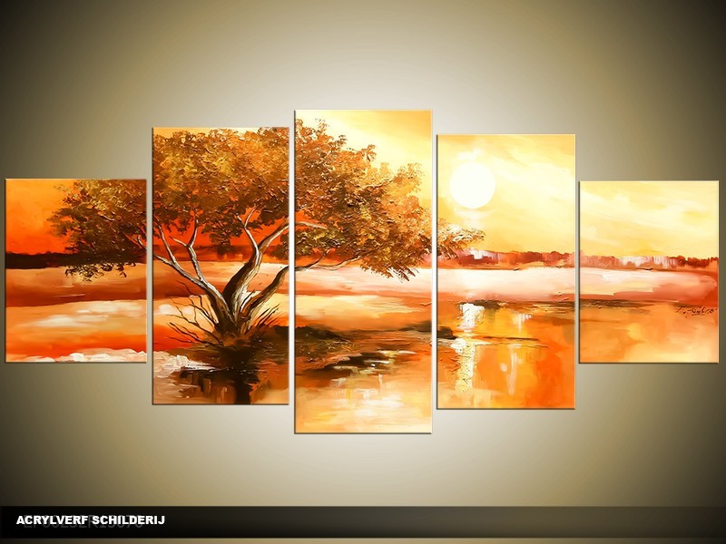 Acryl Schilderij Natuur | Bruin, Oranje | 150x70cm 5Luik Handgeschilderd