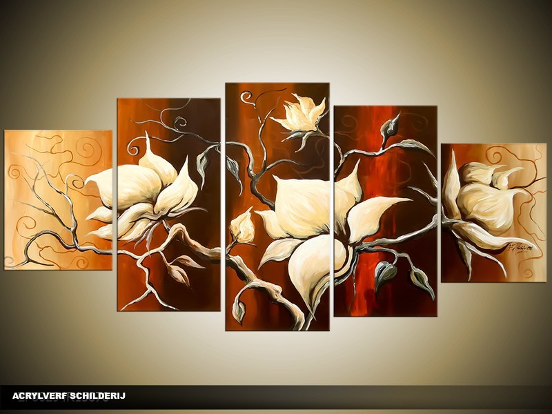 Acryl Schilderij Magnolia | Bruin, Crème | 150x70cm 5Luik Handgeschilderd