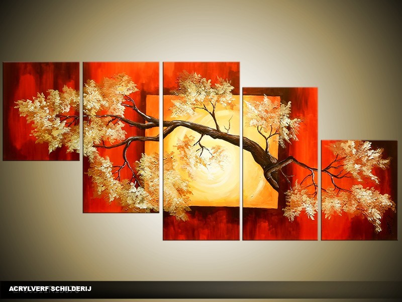 Acryl Schilderij Natuur | Rood, Geel | 150x70cm 5Luik Handgeschilderd