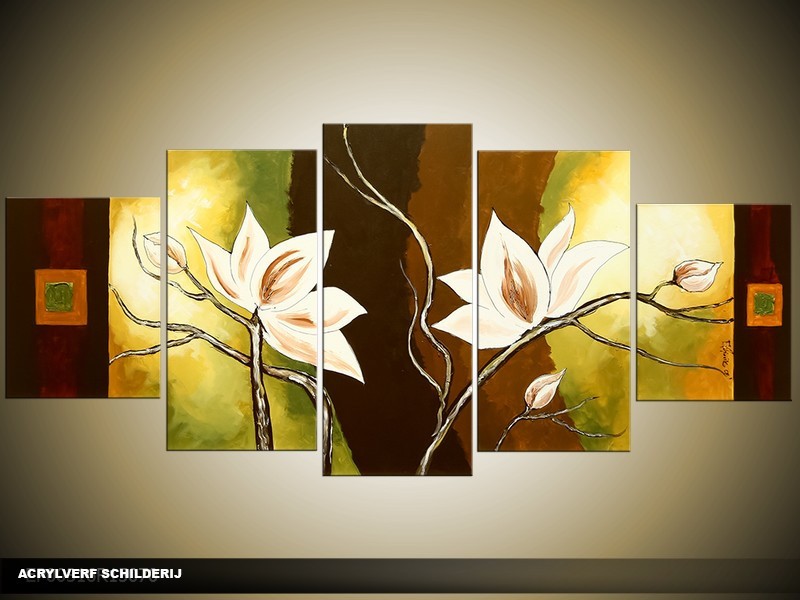 Acryl Schilderij Magnolia | Bruin, Groen, Geel | 150x70cm 5Luik Handgeschilderd