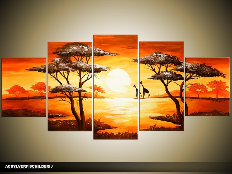 Acryl Schilderij Natuur | Oranje, Geel | 150x70cm 5Luik Handgeschilderd