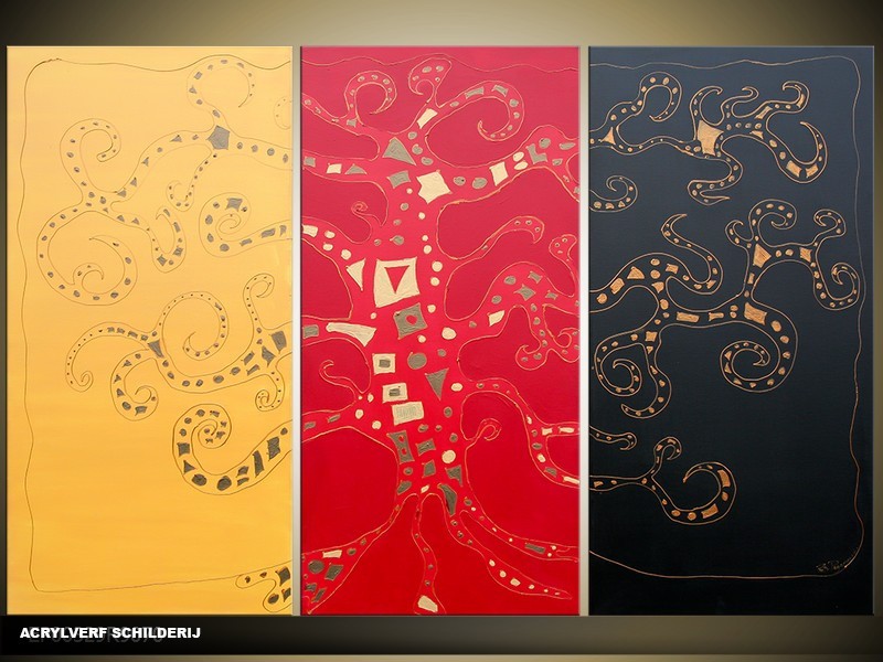 Acryl Schilderij Modern | Rood, Geel, Zwart | 120x80cm 3Luik Handgeschilderd