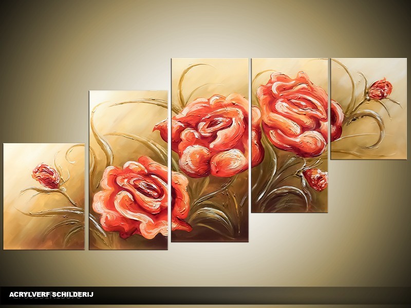 Acryl Schilderij Roos | Rood, Groen | 150x70cm 5Luik Handgeschilderd