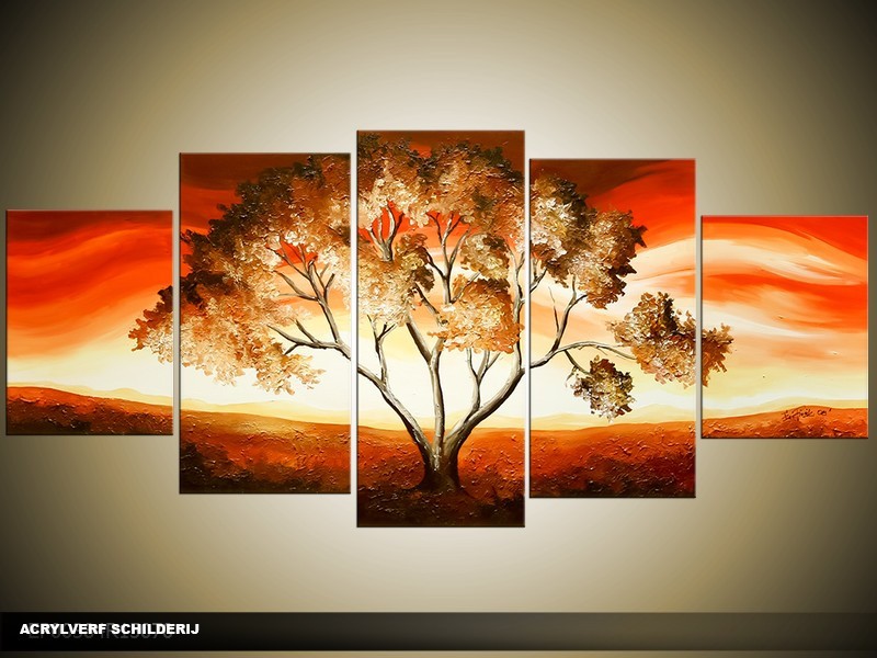 Acryl Schilderij Natuur | Bruin, Rood, Crème | 150x70cm 5Luik Handgeschilderd