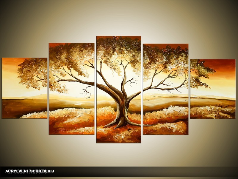 Acryl Schilderij Natuur | Geel, Bruin | 150x70cm 5Luik Handgeschilderd