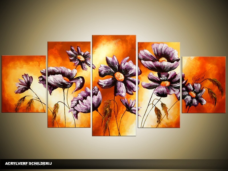 Acryl Schilderij Woonkamer | Oranje, Bruin | 150x70cm 5Luik Handgeschilderd