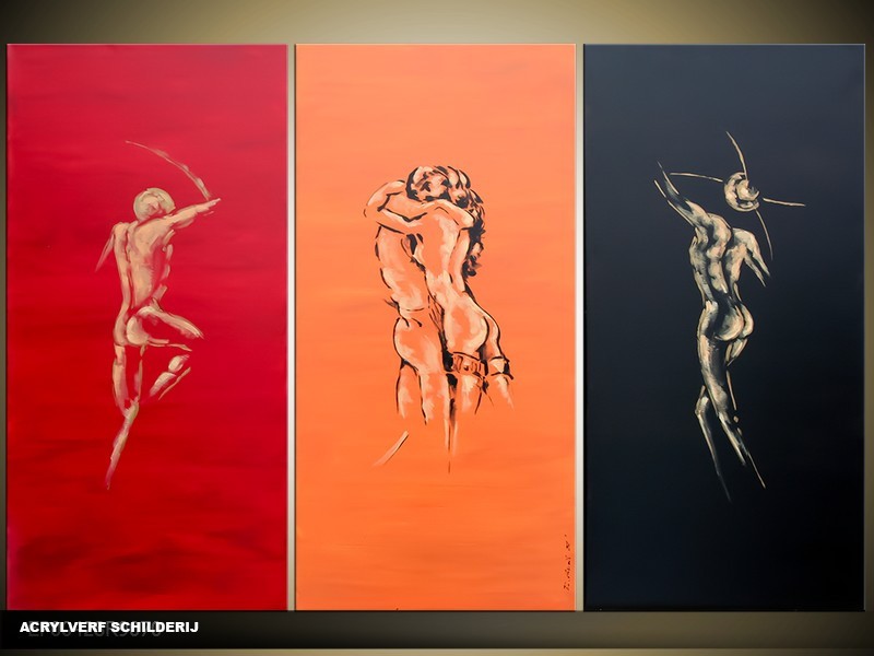 Acryl Schilderij Modern | Rood, Oranje, Zwart | 120x80cm 3Luik Handgeschilderd