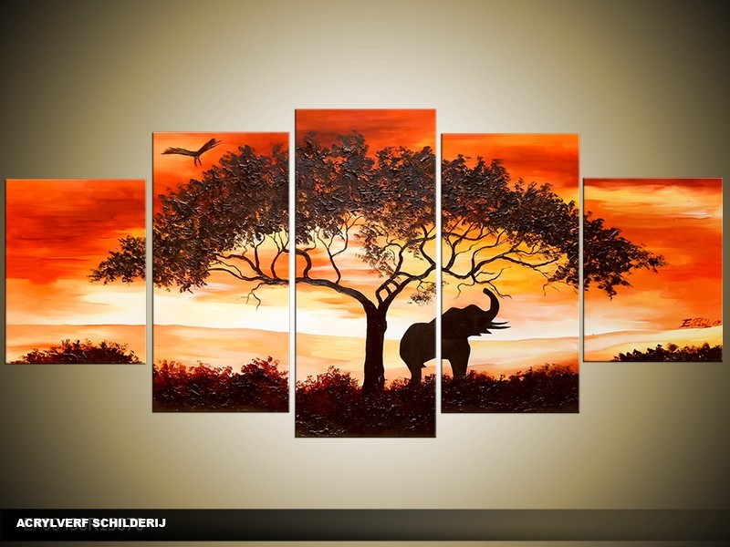Acryl Schilderij Afrika | Oranje, Geel, Zwart | 150x70cm 5Luik Handgeschilderd