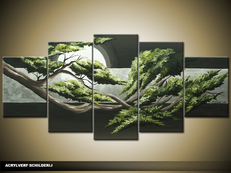 Acryl Schilderij Natuur | Groen, Grijs | 150x70cm 5Luik Handgeschilderd