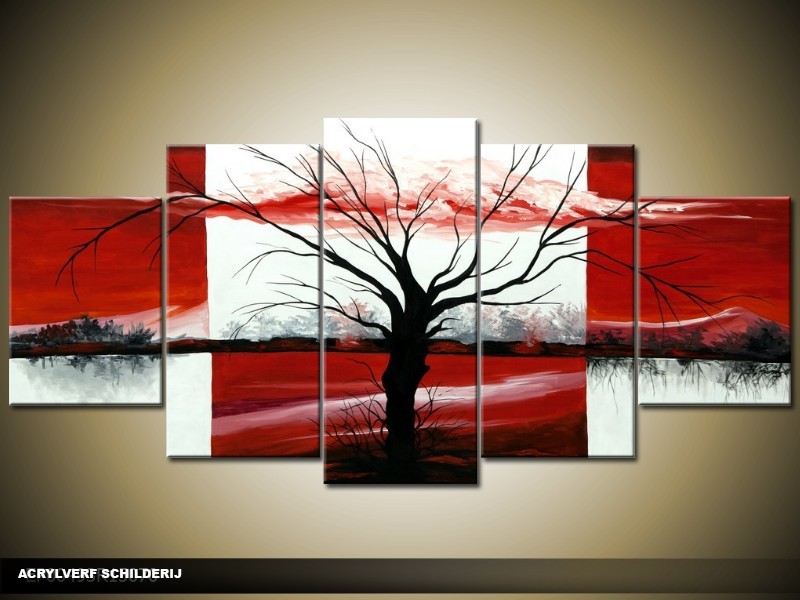 Acryl Schilderij Modern | Rood, Zwart, Wit | 150x70cm 5Luik Handgeschilderd