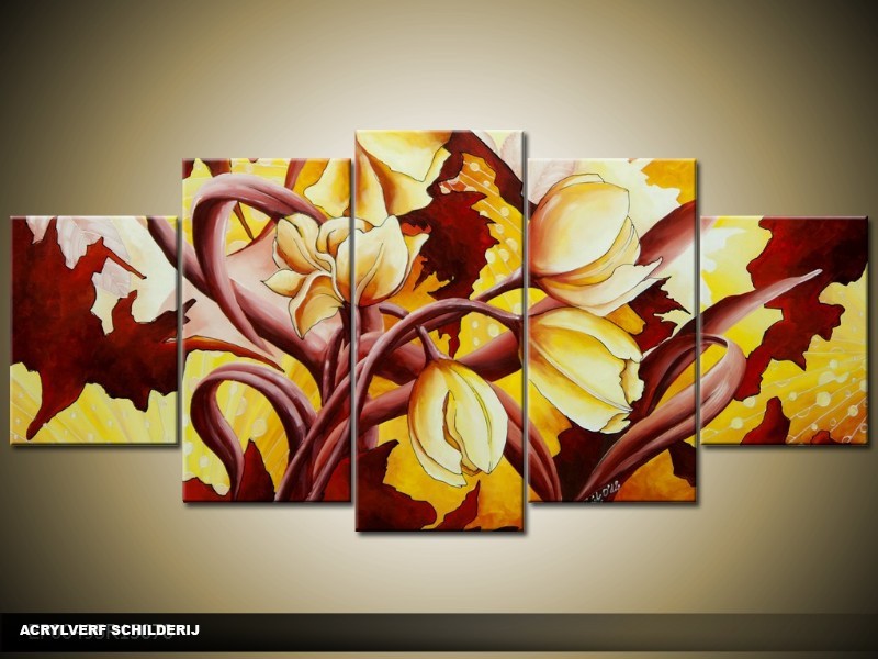 Acryl Schilderij Modern | Geel, Rood | 150x70cm 5Luik Handgeschilderd