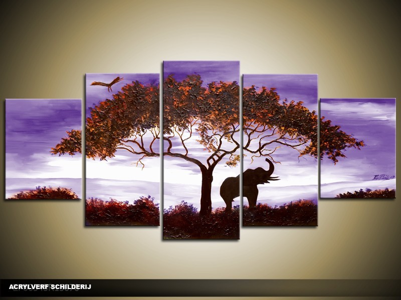 Acryl Schilderij Natuur | Paars, Bruin | 150x70cm 5Luik Handgeschilderd