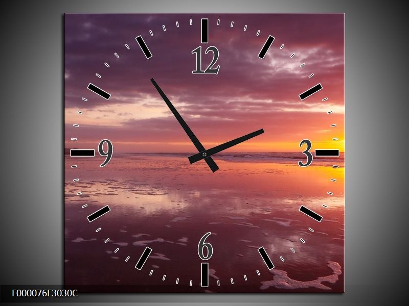 Wandklok op Canvas Zonsondergang | Kleur: Paars, Geel, Wit | F000076C