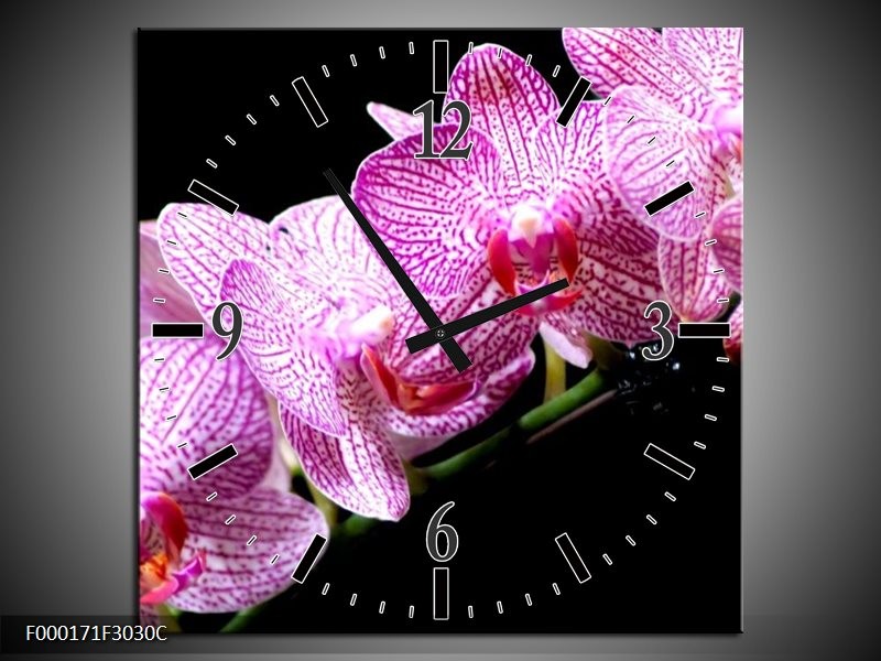 Wandklok op Canvas Orchidee | Kleur: Paars, Wit, Zwart | F000171C