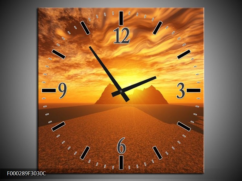 Wandklok op Canvas Zonsondergang | Kleur: Geel, Bruin, Goud | F000289C