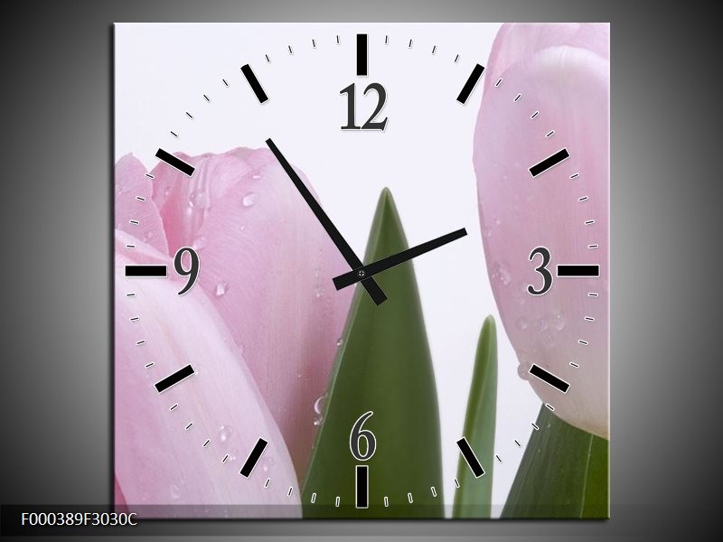 Wandklok op Canvas Tulpen | Kleur: Roze, Wit, Groen | F000389C