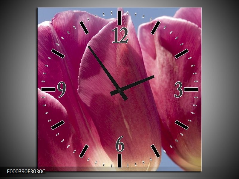 Wandklok op Canvas Tulpen | Kleur: Wit, Paars | F000390C