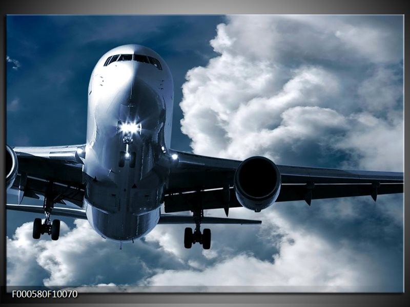 Glas schilderij Vliegtuig | Blauw, Grijs, Wit