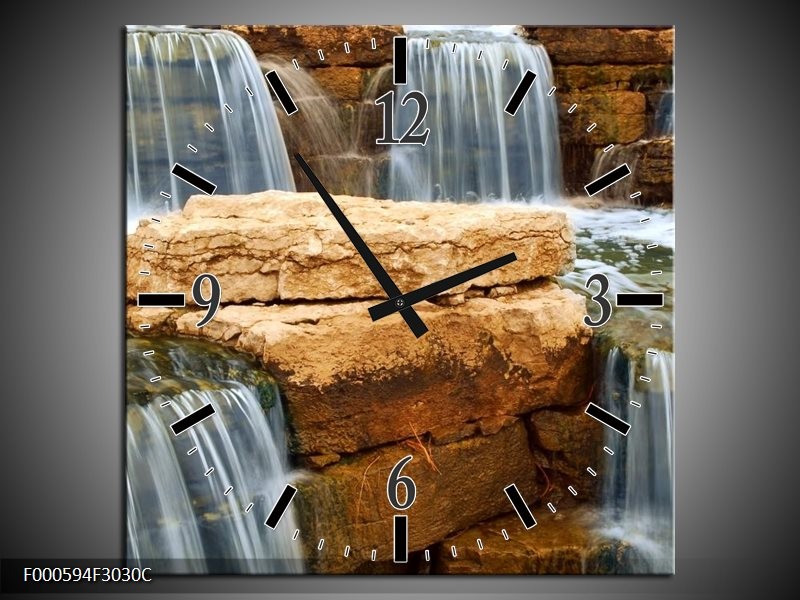 Wandklok op Canvas Waterval | Kleur: Grijs, Bruin, Wit | F000594C