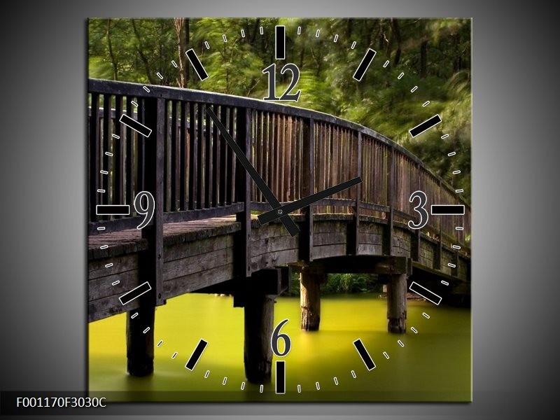 Wandklok op Canvas Brug | Kleur: Groen, Grijs | F001170C