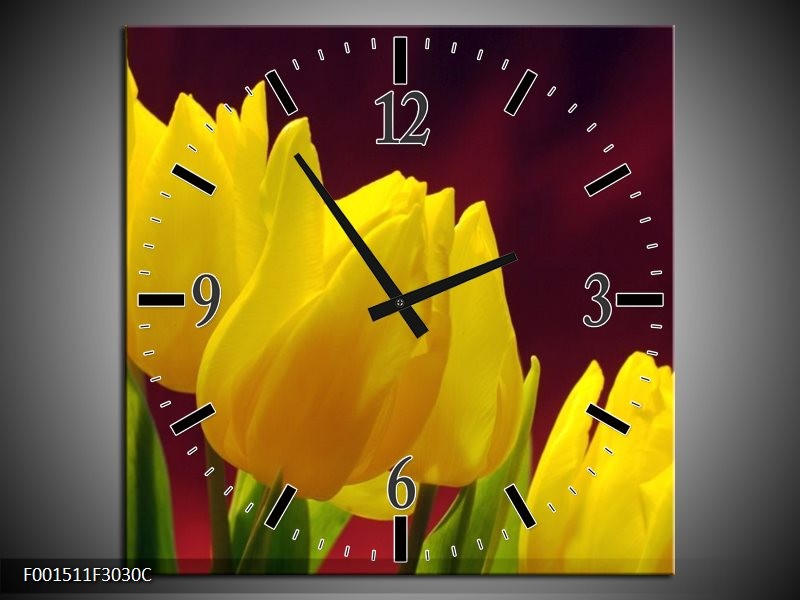 Wandklok op Canvas Tulpen | Kleur: Geel, Bruin, Groen | F001511C