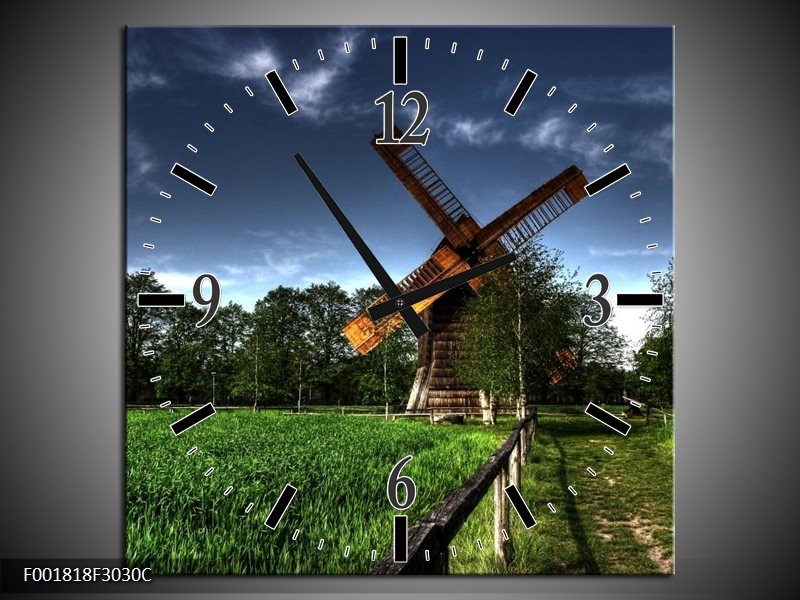 Wandklok op Canvas Molen | Kleur: Groen, Blauw, Bruin | F001818C