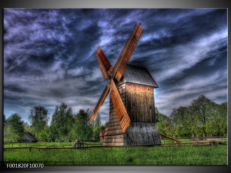 Glas schilderij Molen | Geel, Bruin, Blauw