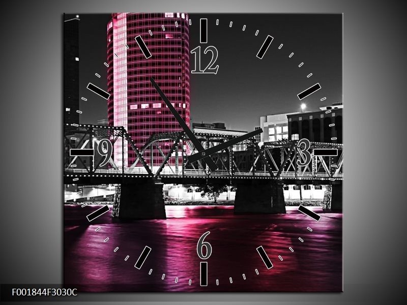 Wandklok op Canvas Brug | Kleur: Zwart, Wit, Roze | F001844C