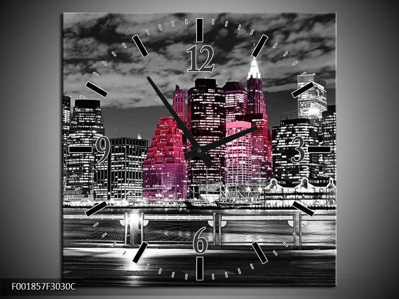 Wandklok op Canvas New York | Kleur: Zwart, Wit, Roze | F001857C