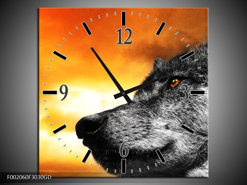 Wandklok op Glas Wolf | Kleur: Geel, Grijs, Wit | F002060CGD