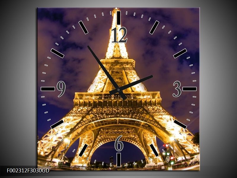 Wandklok op Glas Eiffeltoren | Kleur: Geel, Paars, Grijs | F002312CGD