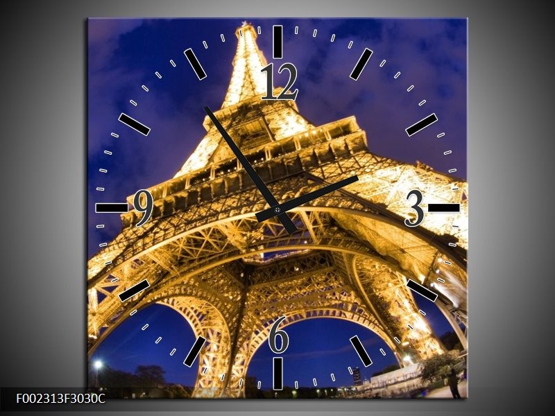 Wandklok op Canvas Eiffeltoren | Kleur: Blauw, Geel, Wit | F002313C